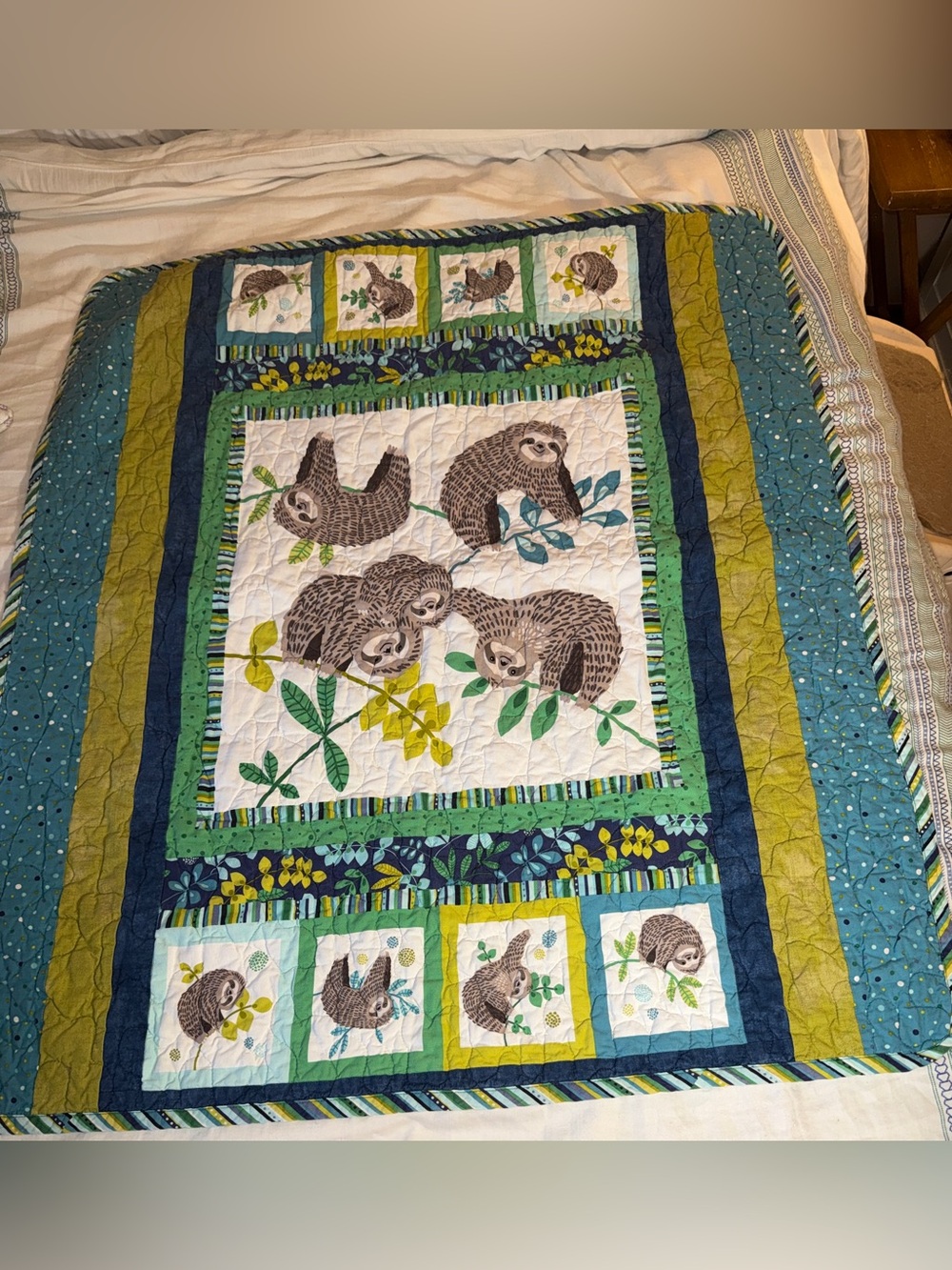 Handmade Sloth Baby Quilt - Northcott Sleepy Sloth Nursery Blanket Throw Quilt